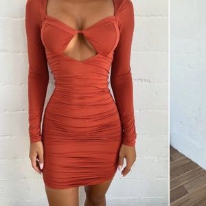 Tiger Mist Rust Ruched Bodycon Dress Long Sleeved
